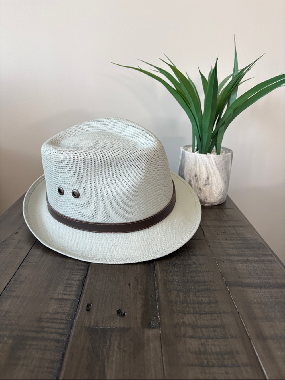 Panama Straw Fedora Hat in Light grey with Brown Band